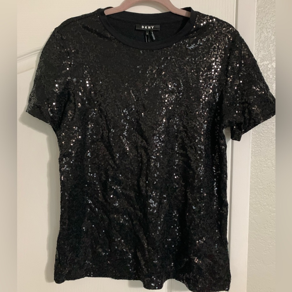 DKNY Black Sequin Short Sleeve Tee Top